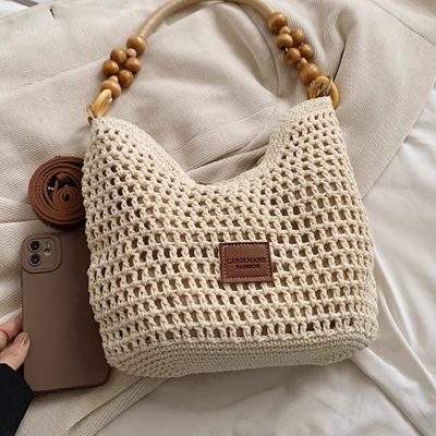 Summer beach bag women's new large capacity hollow woven shoulder bag Tote bucket bag