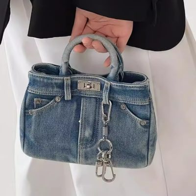 Niche design retro denim tote bag small square bag Birkin commuter one-shoulder crossbody bag woman