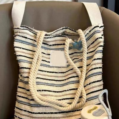 Japanese large capacity striped tote bag Women's embroidered canvas bag All-in-one commuter shoulder underarm bag