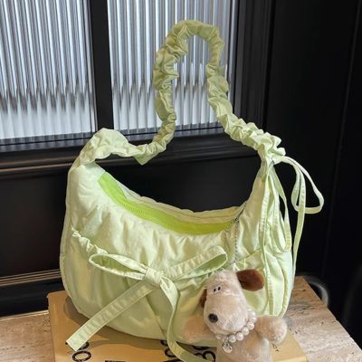 Pleated nylon underarm bag Ballerina girl-style bow shoulder commuter bag crossbody bag